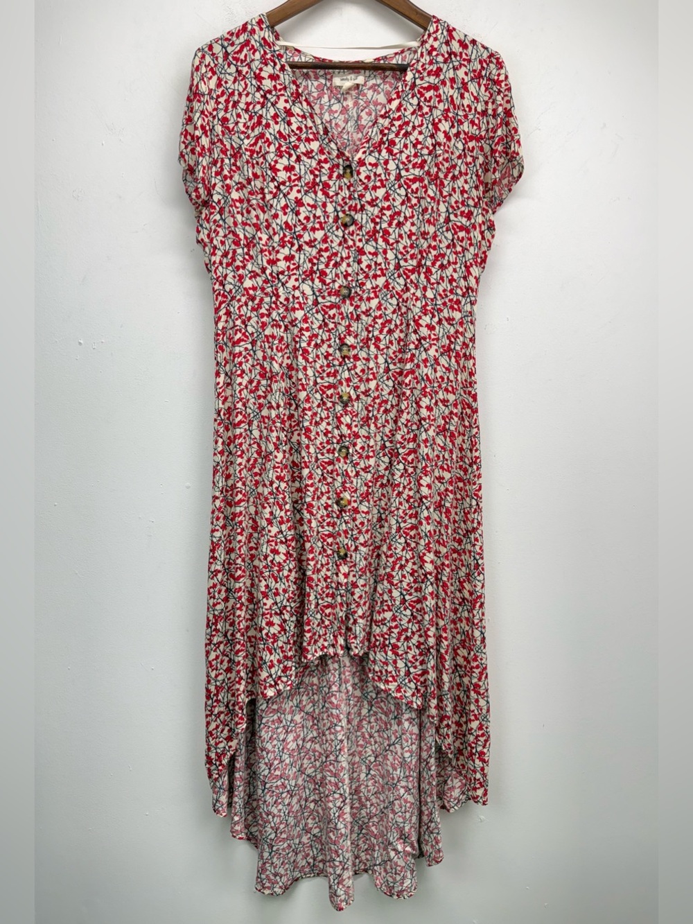 Sandy & Sid size Large Women’s Cream Red Floral Short Sleeve Button Front Dress
